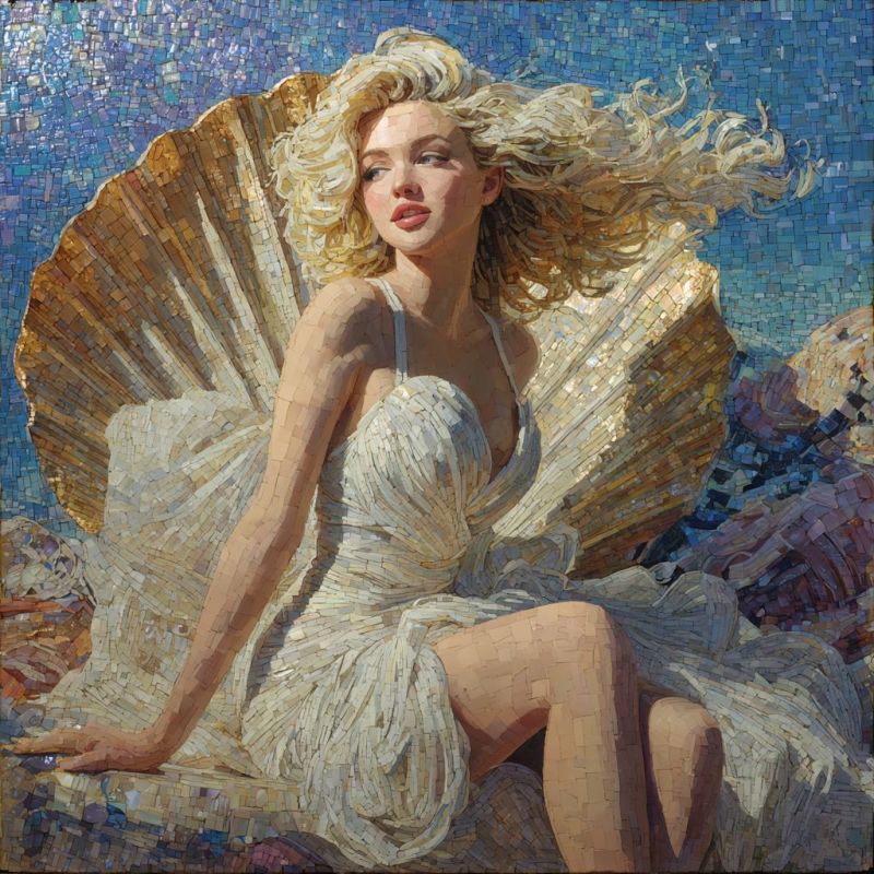 Femme mosaique beaute elegante classique glamour luxe creatif inspiration esthetique visuel design Femme aux cheveux blonds, assise sur une grande coquille. Elle porte une robe blanche qui flotte autour d'elle, et ses cheveux sont coiffés en ondes souples. Le fond est un mosaïque de carreaux bleus et dorés, créant un effet scintillant. La pose de la femme est détendue, une main reposant sur son genou et l'autre main touchant doucement la coquille derrière elle. Son expression est sereine, et la composition globale donne un sentiment d'élégance et de tranquillité.