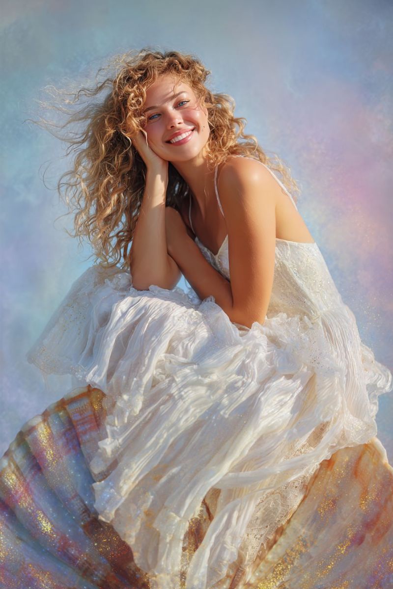 Femme robe sourire main oreille boucle cou collier epaule fantaisie imagination Une femme aux cheveux blonds bouclés est assise sur une grande coquille, souriant et posant pour une photo. Elle porte une robe blanche fluide avec une texture scintillante et brillante. Sa main gauche repose doucement sur sa joue, tandis que sa main droite est placée sur sa taille. Le fond est un mélange doux et rêveur de teintes bleues et roses, créant une atmosphère magique et éthérée.