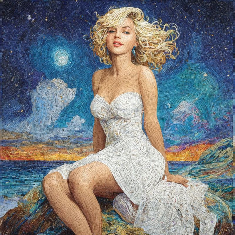Painting woman mosaic night sky moon stars beach ocean sunset clouds rock dress expression shadow mosaic artwork of a woman with blonde hair, sitting on a rock by the sea. She is wearing a white dress and appears to be looking towards the right. The background features a sunset with hues of orange and pink, transitioning into a night sky with stars and a moon. The sea is calm, and the sky is filled with various shades of blue and white. The mosaic is composed of small, colorful tiles that create a detailed and vibrant image.