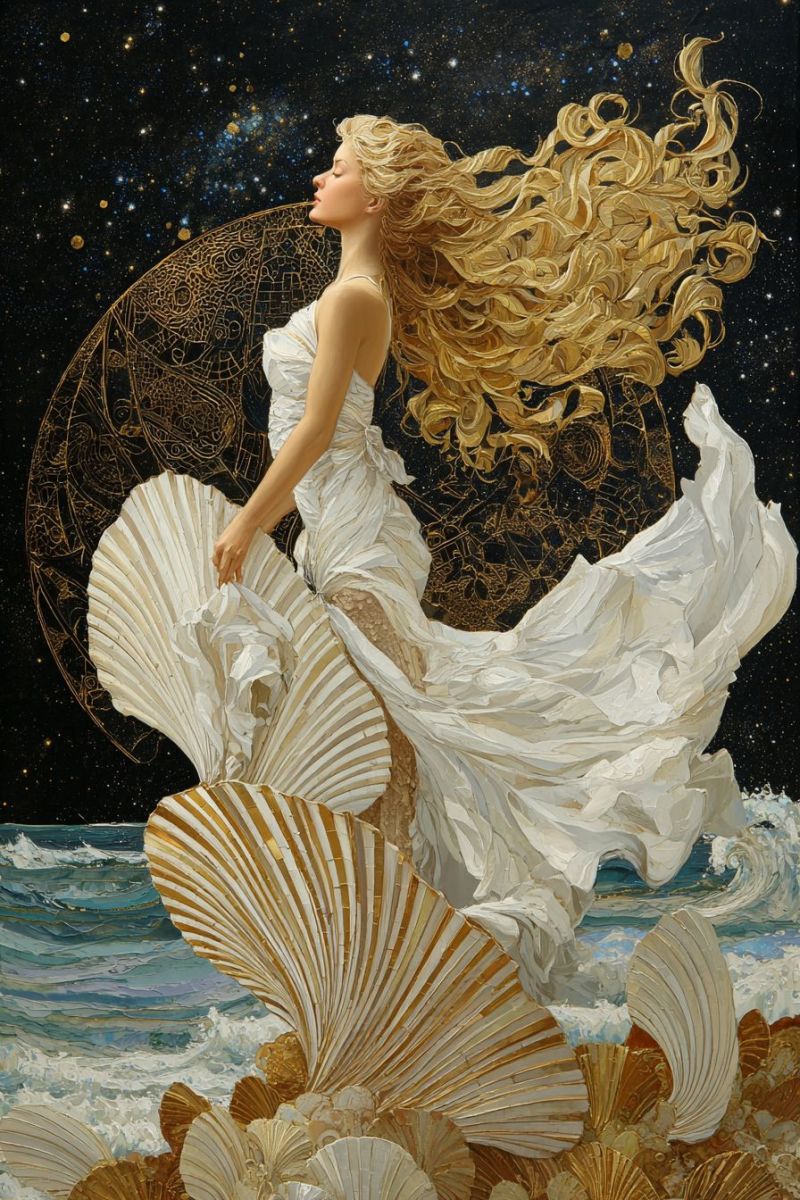 Painting woman sea shell dress night sky stars fantasy gold waves ocean beauty elegant dreamy A woman with long, wavy blonde hair stands gracefully on a beach, her eyes closed as if in deep thought. She wears a flowing white dress that billows around her, adorned with intricate gold and white shell patterns. The dress appears to be made of delicate, layered fabric that catches the light. Behind her, a large, ornate shell with golden and white stripes dominates the foreground, blending seamlessly with the waves of the ocean. The background features a dark, starry night sky with a circular, golden design that resembles a celestial map or a clock face. The sky is filled with tiny stars, adding to the mystical atmosphere of the scene.