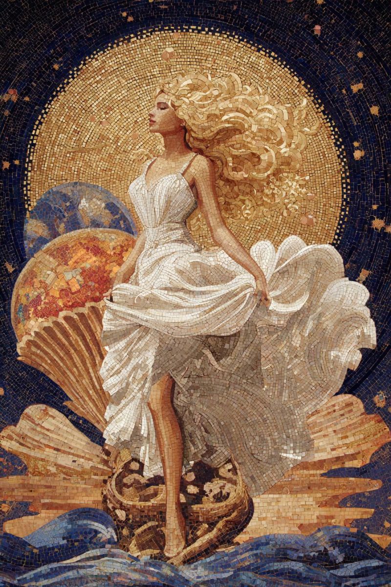 Mosaique femme robe soleil mer ciel jambes mains sombre texture design Une oeuvre d'art en mosaïque représente une femme se tenant gracieusement sur une structure en forme de coquillage, sa robe flottant dans le vent. Elle a les cheveux blonds coiffés d'une manière qui ressemble à une couronne. Le fond présente un grand soleil doré avec des motifs de mosaïque complexes, entouré d'un ciel bleu parsemé d'étoiles. Le coquillage et les vagues sous elle sont également faits de carreaux de mosaïque, avec des nuances de bleu, brun et or. La scène globale est vibrante et détaillée, mettant en valeur la beauté de l'art de la mosaïque