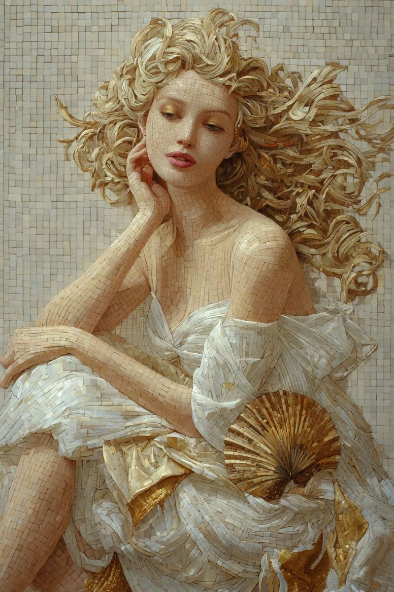 Beaute classique composition contemporain elegance expression visage feminin main interieur bijouterie mosaique raffine Femme aux cheveux blonds bouclés, assise gracieusement les jambes croisées. Elle porte une robe blanche ornée d'accents dorés, et ses cheveux flottent librement autour d'elle. Elle tient un éventail doré sur ses genoux, et son visage est serein avec les yeux fermés. Le fond est un mosaïque de petits carreaux carrés dans diverses nuances de beige et d'or, créant un motif texturé et complexe. La posture de la femme et l'éventail suggèrent un sentiment d'élégance et de tranquillité.