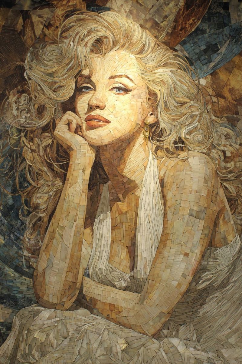 Woman painting mosaic wood texture ear earring neck shoulder hand finger nail polish dress fashion detailed mosaic portrait of a woman with blonde curly hair. She is wearing a white dress and has a contemplative expression. Her right hand is gently resting on her chin, while her left hand is positioned near her shoulder. The mosaic is composed of small, intricately cut pieces of wood, creating a textured and detailed effect. The background is a mix of brown and blue hues, adding depth and contrast to the portrait. The woman's face is highlighted with shades of brown and beige, giving her a warm and lifelike appearance.