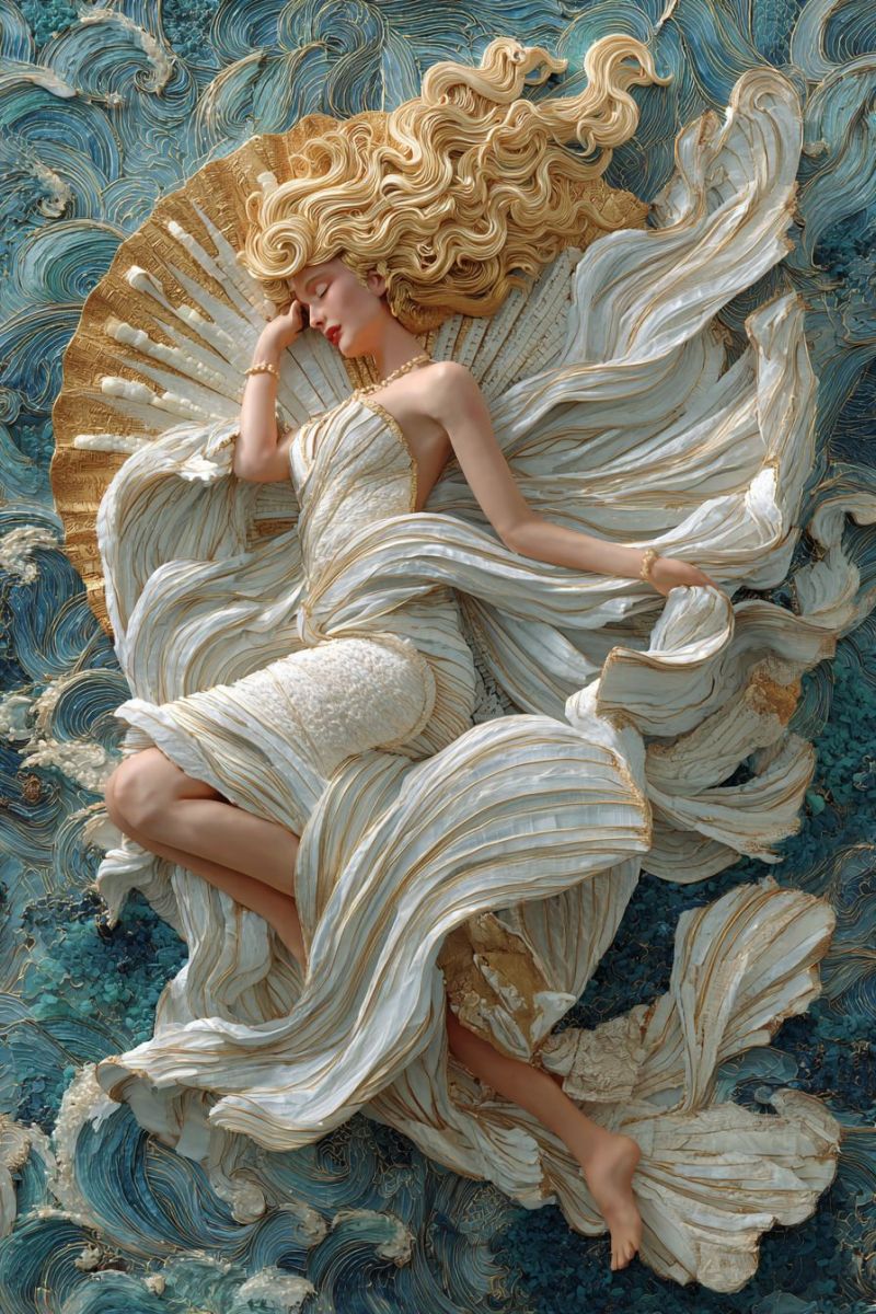 Painting woman fantasy fashion beauty jewelry necklace bracelet earring dress fabric texture waves ocean A woman with long, wavy blonde hair is lying on a bed of waves, her body adorned with a flowing white dress that has gold accents. Her hair cascades over her shoulders and back, blending seamlessly with the waves. She wears gold jewelry, including a bracelet and a necklace. Her eyes are closed, and she rests her head on her arm, which is draped over her chest. The background is a vibrant blue and white, resembling ocean waves, with intricate details that give the impression of movement and depth.