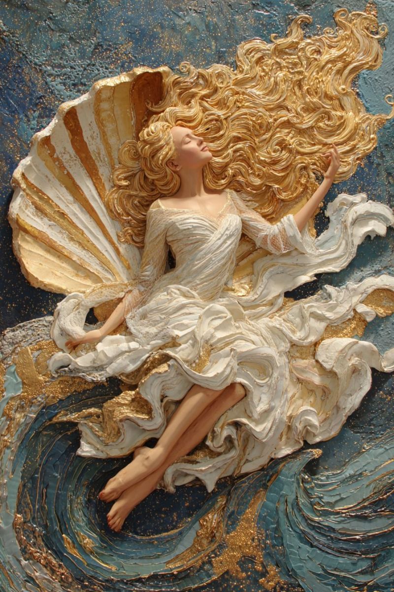 Femme visage artiste design idees tutoriel techniques fournitures outils exemples Une femme aux longs cheveux ondulés dorés est allongée sur une grande coquille dorée, flottant sur un océan bleu profond. Elle porte une robe blanche fluide ornée d'accents dorés, et ses cheveux cascadent autour d'elle comme une chute d'eau dorée. Ses yeux sont fermés, et elle semble être dans un état serein et onirique. L'arrière-plan présente des vagues bleues et dorées tourbillonnantes, ajoutant à l'atmosphère éthérée et mystique de la scène.