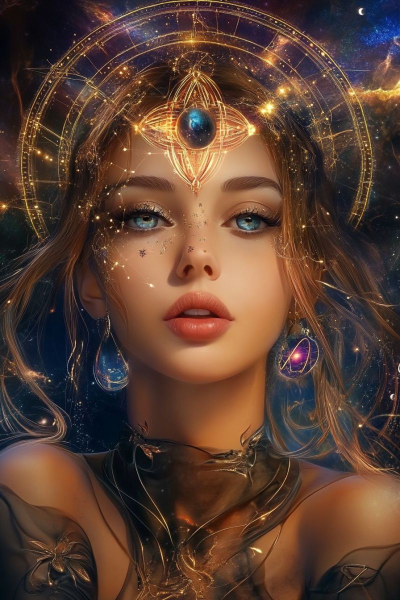 Fantaisiste science fiction spatial cosmiques futuriste celeste graphique elegante concept Une figure féminine avec une apparence fantastique et éthérale. Elle possède des yeux grands et expressifs qui suggèrent qu'elle pourrait être un ange ou une autre forme de créature d'outre-titre. Ses cheveux sont volumineux et semblent couler autour de son visage, contribuant à la sensation de mouvement et d'énergie dans l'image. Elle est ornée d'accessoires intricats, y compris un chignon avec ce qui semble être des pierres précieuses et des gemmes qui ajoutent à sa mystique et à son aspect royal. Il y a également des petits corps célestes, possiblement des planètes ou des étoiles, qui flottent autour d'elle. Le fond est sombre, ce qui suggère un décor nocturne, avec des nuances de pourpre et bleu qui pourraient être interprétées comme le cosmos. Il y a une aura ou une énergie qui émane de son corps, donnant un éclairage doux qui contraste avec le fond sombre.
