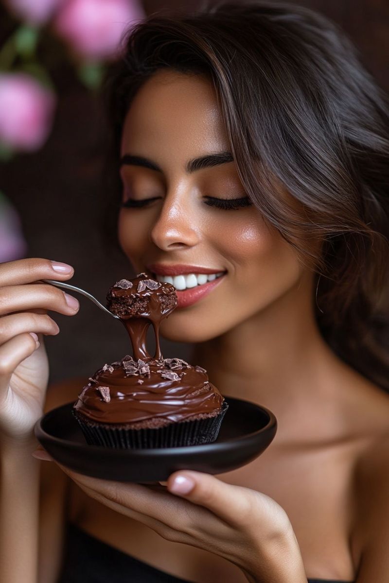 Woman enjoying chocolate dessert gourmet cupcake rich frosting celebratory indulgence moment delicious treat spotlight indulgent food photo of a person holding a cupcake that has chocolate frosting and a chocolate-drizzled bite taken out. The individual appears to be seated indoors, as there are floral decorations in the background, suggesting a festive or special occasion setting. They are dressed in a dark top, with their face partially obscured by a digital overlay that adds a double exposure effect, creating two images of the person on the same picture. The facial features visible include closed eyes and lips parted to take a bite from the cupcake. The overall scene conveys a sense of indulgence and enjoyment of dessert.