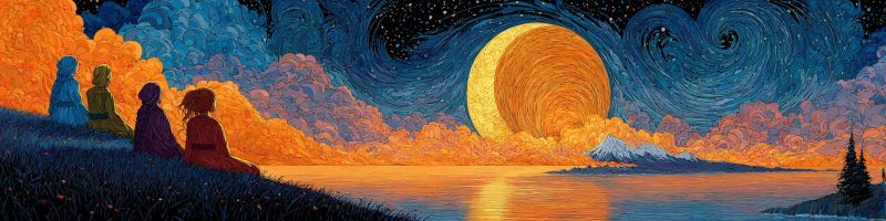 Nuit ciel lune etoiles nuages eau reflet arbres montagne assises contemplant horizon coucher soleil nature Au premier plan, trois figures sont assises sur une colline herbeuse, face au ciel nocturne serein. Elles sont vêtues de vêtements fluides, l'une portant une robe bleu clair, une autre un bleu plus foncé, et la troisième une robe rouge. Le ciel est d'un bleu profond, orné de motifs tourbillonnants qui ressemblent à une nuit étoilée. Une grande lune resplendissante domine le ciel, sa lumière projetant une teinte chaude et orangée sur la scène. La lune est entourée d'une douce aura lumineuse. En arrière-plan, une majestueuse montagne s'élève, son sommet partiellement voilé par des nuages. L'eau au premier plan est calme, reflétant les couleurs du ciel et de la lune.