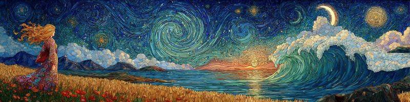 Nuit ciel etoiles nuages ocean vagues montagnes coucher soleil horizon nature texture Au premier plan, une femme aux longs cheveux flottants se tient dans un champ d'herbe haute et de fleurs rouges. Elle regarde vers l'horizon. Le ciel est d'un bleu profond, rempli de motifs tourbillonnants d'étoiles et d'une lune croissante. Les vagues de l'océan sont grandes et se brisent contre le rivage, reflétant les couleurs du coucher de soleil. Au loin, il y a des montagnes et la silhouette d'une île. La scène globale est un mélange de couleurs vibrantes et d'éléments dynamiques, créant un sentiment de mouvement et de tranquillité.