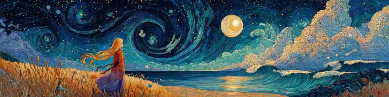 Nuit ciel etoiles nuages lune vagues ocean plage herbe fleurs papillons fille robe fantaisie onirique cheveux Dans le tableau, une femme aux longs cheveux flottants se tient dans un champ d'herbe haute sous un ciel nocturne. Elle est vêtue d'une robe violette fluide et semble contempler la lune, pleine et brillante, suspendue dans le ciel. Le ciel est rempli de nuages tourbillonnants et d'étoiles, créant une atmosphère rêveuse et éthérée. L'océan au premier plan a des vagues douces, reflétant la lumière de la lune. La scène générale est sereine et paisible, avec un sentiment de merveille et de magie.