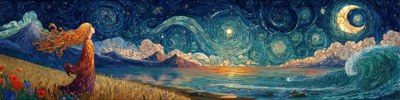 Nuit ciel etoiles lune eau vagues fleurs montagnes nuages coucher soleil horizon mer ocean herbe arbres fantaisie Dans le tableau, une femme aux longs cheveux flottants se tient sur un champ d'herbe sous un ciel nocturne rempli d'étoiles tourbillonnantes et d'un croissant de lune. Elle regarde le ciel, peint de bleus vibrants et de motifs tourbillonnants. L'horizon montre une mer sereine avec de douces vagues, et au loin, les montagnes sont en silhouette contre le soleil couchant. Le ciel passe des couleurs chaudes du coucher de soleil aux bleus frais de la nuit, avec des nuages dispersés dans tout le ciel. Le premier plan est orné de fleurs sauvages, ajoutant une touche de couleur à la scène.