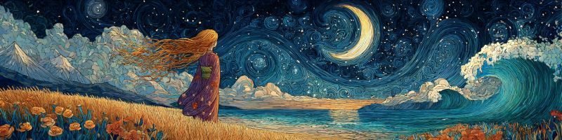 Nuit ocean vagues lune etoiles nuages fleurs fille robe cheveux montagnes horizon eau ciel fantaisie reve Au premier plan, une femme aux longs cheveux fluides se tient dans un champ d'herbe haute. Elle porte une robe violette fluide et regarde vers l'horizon. Le ciel au-dessus est d'un bleu profond, orné de motifs tourbillonnants qui ressemblent à des galaxies et des étoiles. Une lune croissante pend de manière proéminente dans le ciel, répandant une douce lueur. Les vagues de l'océan se brisent contre le rivage, l'eau apparaissant sombre et profonde. Les vagues sont grandes et puissantes, créant un sentiment de mouvement et d'énergie. L'arrière-plan présente une silhouette de montagnes, ajoutant de la profondeur à la scène.