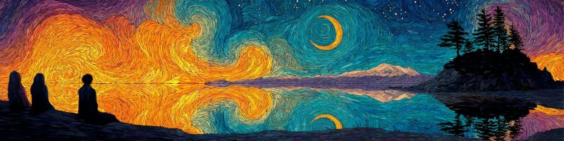Nuit etoilee ciel lac reflet montagne arbres eau nocturne tourbillon van gogh croissant lune Scène de nuit sereine avec un lac reflétant un ciel vibrant et tourbillonnant. Le ciel est un mélange de bleus profonds, de violets et d'oranges ardents, avec une lune croissante proéminente dans le coin supérieur droit. Au premier plan, trois silhouettes sont assises sur le rivage, face au lac. La surface du lac reflète les couleurs du ciel et les silhouettes des arbres sur la rive opposée. En arrière-plan, il y a des montagnes sous un ciel étoilé, ajoutant à l'atmosphère tranquille.