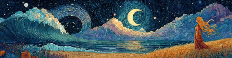 Nuit etoile ciel nuage vague eau ocean mer lune fantaisie reve plage herbe fleur Scène de nuit sereine avec une grande vague s'écrasant contre le rivage sous un ciel rempli d'étoiles. La vague est grande et moussue, avec une teinte bleu foncé, contrastant avec le bleu plus clair de l'océan. Le ciel est rempli d'étoiles, et une lune croissante est bien visible, projetant une douce lueur. L'arrière-plan présente un mélange de nuages aux teintes de violet et de bleu, ajoutant de la profondeur à la scène. Sur le côté droit, une femme aux longs cheveux flottants se tient sur un champ d'herbe, regardant vers l'océan. Le champ est parsemé de fleurs sauvages, ajoutant une touche de couleur au paysage.