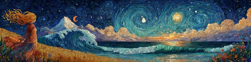 Nuit ciel etoiles lune ocean vagues montagnes nuages fleurs eau mer coucher soleil horizon reflexion nature reveur Dans le tableau, une femme aux longs cheveux flottants se tient sur un champ d'herbe près de l'océan. Elle regarde vers l'horizon où le soleil se couche, projetant des teintes chaudes orange et rose dans le ciel. Les vagues de l'océan se brisent sur le rivage, créant un sentiment de mouvement et d'énergie. En arrière-plan, il y a une chaîne de montagnes avec un croissant de lune et des étoiles dans le ciel. Le ciel est rempli de nuages tourbillonnants et d'une couleur bleue vibrante. La scène globale est paisible et sereine, avec un sentiment d'émerveillement et d'admiration devant la beauté de la nature.