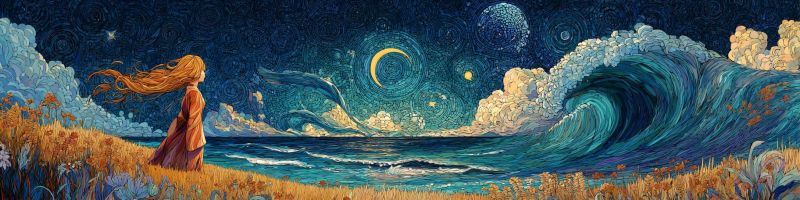 Ocean vagues nuit ciel nuages etoiles lune fille robe fleurs fantaisie onirique aquarelle nature mer cheveux Dans le tableau, une femme aux longs cheveux flottants se tient sur un champ d'herbe sous un ciel nocturne. Elle regarde vers l'océan, où une grande vague s'écrase contre le rivage. Le ciel est rempli d'étoiles, d'un croissant de lune et d'une planète. L'océan est d'un bleu profond, et la vague est d'un turquoise vibrant. Le champ est parsemé de fleurs sauvages, et l'arrière-plan est un mélange de bleus sombres et clairs, avec des touches de violet et de rose. L'ambiance générale du tableau est sereine et mystique.