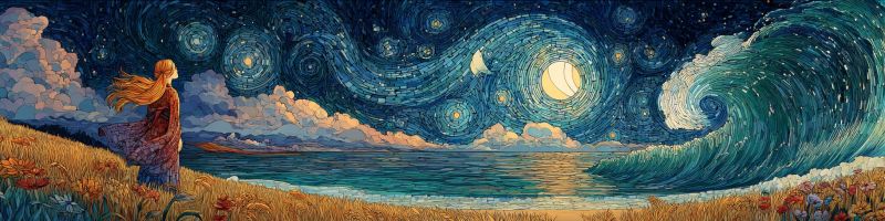 Nuit ciel lune vague ocean mer eau nuages impressionnisme realisme plage etoile van gogh Une femme aux longs cheveux flottants se tient sur un champ d'herbe sous un ciel nocturne rempli d'étoiles. Le ciel est d'un bleu profond, parsemé de motifs tourbillonnants d'étoiles et d'une lune brillante et pleine. La lumière de la lune se reflète sur l'eau, créant un effet scintillant. Les vagues de l'océan sont grandes et puissantes, s'écrasant contre le rivage. Les vagues sont représentées dans un style tourbillonnant, presque abstrait, contrastant avec la représentation réaliste de la femme et du ciel. L'arrière-plan présente une silhouette de montagnes, ajoutant de la profondeur à la scène. L'ambiance générale est sereine et mystique, avec les éléments naturels du ciel nocturne, de l'océan et des vagues créant un sentiment d'émerveillement et de tranquillité.