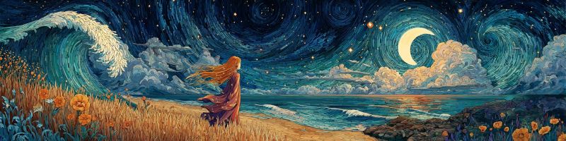 Nuit ciel etoiles nuages lune mer vagues plage fleurs fille robe fantaisie onirique imagination cheveux Dans le tableau, une femme aux longs cheveux rouges ondulant se tient sur une plage la nuit. Elle est vêtue d'une longue robe violette fluide. La plage est ornée de hautes herbes et de fleurs sauvages, dont des orange. Les vagues de l'océan viennent doucement lécher le rivage, et l'eau reflète la lumière de la lune croissante dans le ciel. Le ciel nocturne est rempli d'étoiles, et la lune est entourée de nuages. La scène générale est sereine et paisible, avec un sentiment de tranquillité et d'émerveillement.