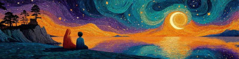 Nuit ciel eau mer lune etoiles nuages horizon reflet arbres colline couple assis contemplant emotion Dans le tableau, deux personnes sont assises sur le rivage d'un plan d'eau, probablement une mer, sous un ciel de nuit vibrant. Le ciel est un mélange de bleus profonds, de violets et de jaunes, avec une lune croissante nettement visible. La lune est entourée d'un halo d'étoiles, ajoutant à l'atmosphère magique. L'eau reflète les couleurs du ciel, créant une scène sereine et tranquille. En arrière-plan, il y a des silhouettes d'arbres et une petite maison sur une falaise, avec l'océan s'étendant au loin. L'ambiance générale du tableau est paisible et contemplative, invitant le spectateur à imaginer le calme et la beauté d'une nuit au bord de la mer.