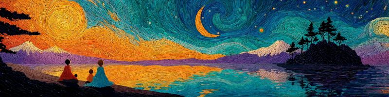 Lac montagnes arbres etoiles lune reflet eau nuit soiree coucher soleil nature air ciel Scène de nuit sereine avec une famille de trois personnes assises sur le rivage d'un lac calme. Le ciel est un mélange vibrant de teintes orange et violettes, passant à un bleu profond à l'approche de l'horizon. Une lune croissante flotte gracieusement dans le ciel, entourée d'étoiles scintillantes. En arrière-plan, il y a des silhouettes d'arbres et de montagnes, les montagnes se reflétant dans l'eau. Les membres de la famille sont vêtus de vêtements chauds, suggérant une nuit fraîche. L'atmosphère générale est paisible et réflexive, avec l'eau reflétant le ciel et la famille profitant ensemble de ce moment tranquille.