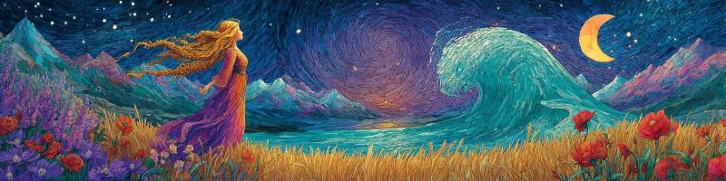 Fantaisie nuit etoiles lune vague fleurs montagnes ciel eau Au centre de l'image se tient une femme aux longs cheveux blonds ondulés, vêtue d'une robe violette. Elle regarde vers la droite de l'image. Derrière elle, il y a un vaste champ d'herbe haute et dorée parsemé de fleurs rouges et violettes vibrantes. À droite, une grande vague bleue s'écrase contre le rivage, avec un croissant de lune suspendu dans le ciel au-dessus. Le ciel est d'un bleu profond et étoilé, avec des étoiles dispersées partout. En arrière-plan, il y a des montagnes avec une touche de teintes roses et violettes, ajoutant à l'atmosphère mystique de la scène.