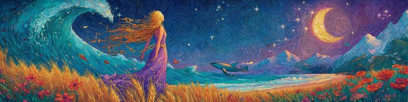 Nuit fantaisie reve ocean mer montagne ciel etoiles lune croissant vague fleurs champ dauphin Au premier plan, une femme aux longs cheveux blonds ondulant se tient dans un champ d'herbe haute et dorée. Elle porte une robe violette fluide qui flotte dans la brise. À sa gauche, des fleurs rouges vibrantes sont dispersées dans l'herbe. Les vagues de l'océan se brisent sur le rivage, avec une grande vague en arrière-plan. Un croissant de lune et des étoiles illuminent le ciel nocturne. Une baleine bondit gracieusement hors de l'eau, ajoutant un sentiment de mouvement et d'émerveillement à la scène. Au loin, des montagnes majestueuses s'élèvent contre le fond du ciel nocturne.