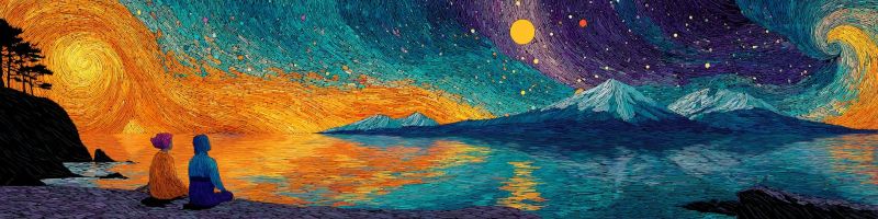 Nuit etoilee ciel nocturne lac eau reflet gens assis arbres colline rivage montagne Au premier plan, deux personnes sont assises sur le rivage rocheux d'un lac serein, face à l'eau. L'une porte une capuche jaune, et l'autre une capuche bleue. Le ciel au-dessus est un mélange vibrant d'orange et de bleu, passant d'un coucher de soleil à gauche à une nuit étoilée à droite. Le coucher de soleil présente un grand soleil brillant avec des rayons s'étendant dans le ciel. Le ciel nocturne est parsemé d'étoiles, et il y a une grande lune brillante. En arrière-plan, une chaîne de montagnes s'étend à l'horizon, avec des pics enneigés visibles. Les montagnes se reflètent dans les eaux calmes du lac, créant une image miroir du ciel et des montagnes.