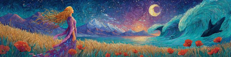 Nuit ocean montagne vague fleur femme lune etoile ciel mer eau nuage coucher soleil reve fantaisie beaute Dans le tableau, une femme aux longs cheveux blonds ondulant se tient dans un champ d'herbe haute et de fleurs rouges. Elle porte une longue robe violette fluide. Le ciel est d'un bleu profond avec des étoiles et un croissant de lune. Au loin, une grande vague dans l'océan est visible, et une silhouette de baleine apparaît. Des montagnes sont en arrière-plan, et la scène se déroule la nuit.