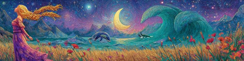 Fantaisie nuit ocean dauphin vague fleur fille montagne ciel etoile eau nuage mer Dans le tableau, une femme aux longs cheveux blonds se tient dans un champ d'herbe haute, ses cheveux flottant au vent. Elle porte une robe violette fluide. À sa gauche, le ciel est rempli d'étoiles et d'un croissant de lune. Dans l'océan, un dauphin et une baleine noire nagent près d'une grande vague. La vague est d'un bleu et vert vibrants, contrastant avec les teintes violettes et bleues du ciel. L'arrière-plan présente des montagnes sous un ciel étoilé. Le premier plan est parsemé de fleurs rouges et jaunes.
