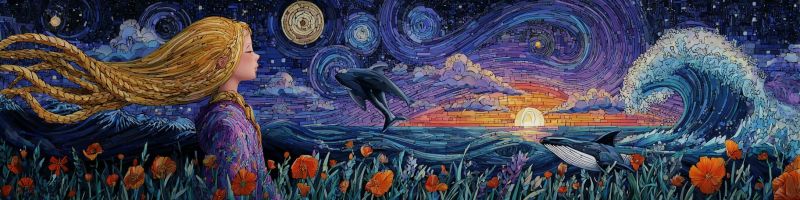 Fille ocean vagues dauphin baleine fleurs nuit etoiles ciel coucher soleil mer nuages eau nature fantaisie mosaique Au premier plan, une jeune fille aux longs cheveux blonds ondulant se tient au milieu d'un champ de fleurs orange vibrantes. Elle regarde vers l'horizon, où le ciel passe des bleus et violets profonds du crépuscule aux teintes chaudes et dorées d'un soleil couchant. Le soleil est partiellement obscurci par une grande vague qui s'écrase contre le rivage. Au-dessus de la vague, un dauphin saute gracieusement, sa silhouette délimitée contre le ciel. En arrière-plan, le ciel est orné de motifs tourbillonnants rappelant une nuit étoilée, avec une lune circulaire proéminente et des étoiles dispersées sur la toile. La scène globale combine des éléments de la nature, de la fantaisie et un sentiment de merveille.