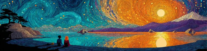 Montagnes lac eau reflet couple assis gens air nature coucher soleil arbres rochers nuit ciel etoile Au premier plan, deux personnes sont assises sur le rivage d'un plan d'eau serein, probablement un lac ou une mer, sous un ciel de nuit vibrant. La personne sur la gauche porte une chemise bleue et a le dos tourné, tandis que la personne sur la droite porte une chemise rouge et fait face à l'observateur. Le ciel est un mélange époustouflant de bleus, de violets et de jaunes tourbillonnants, rappelant une nuit étoilée, avec un grand soleil brillant au loin, peut-être en train de se coucher ou de se lever. L'horizon est parsemé de silhouettes de montagnes et de petites îles, ajoutant de la profondeur à la scène. L'eau reflète les couleurs du ciel, créant un effet de miroir. L'ambiance générale est tranquille et pittoresque, capturant un moment de contemplation silencieuse au bord de l'eau.
