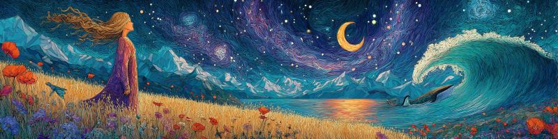 Nuit ocean vague montagne fleur ciel etoile fille fantaisie reve eau nuage Au premier plan, une femme aux cheveux flottants se tient dans un champ d'herbes hautes et de fleurs vibrantes, son regard dirigé vers le ciel. Le ciel est d'un bleu profond et texturé, rempli d'étoiles et d'une lune croissante. Les montagnes sont visibles en arrière-plan, leurs sommets poudrés de neige. Les vagues de l'océan s'écrasent contre le rivage, avec une grande vague au premier plan. Une baleine nage dans l'océan, et l'eau reflète les couleurs du coucher de soleil. La scène globale est un mélange de beauté naturelle et de merveille céleste.