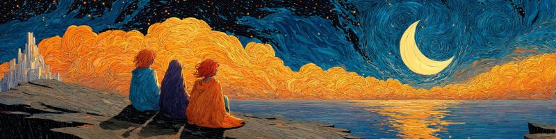 Nuit ciel nuages lune eau rochers impressionnisme etoilee reflet calme serein mystique fantaisie imagination Trois individus sont assis sur une côte rocheuse, contemplant un ciel de nuit serein. Le ciel est peint de bleus et de jaunes tourbillonnants, créant une atmosphère dynamique et presque onirique. Une lune croissante pend de manière proéminente dans le ciel, projetant une douce lueur sur la scène. L'eau est calme, reflétant les couleurs du ciel et de la lune. Les individus sont vêtus de longues robes fluides, l'un portant une robe bleue, un autre une robe rouge, et le troisième une robe orange. Leurs cheveux flottent librement, ajoutant à la qualité éthérée de l'image. En arrière-plan, il y a des indices d'un paysage urbain, suggérant un mélange d'éléments naturels et urbains.