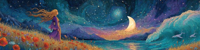 Fantaisie nuit femme ocean lune etoiles fleurs vagues dauphins montagnes ciel eau onirique creativite imagination beaute Dans le tableau, une femme aux longs cheveux flottants se tient dans un champ de coquelicots rouges sous un ciel nocturne rempli d'étoiles. Elle porte une robe violette et regarde vers l'horizon. Le ciel est un mélange de violets profonds et de bleus, avec un croissant de lune se levant au-dessus d'une chaîne de montagnes lointaine. La mer est calme, avec deux dauphins nageant gracieusement au premier plan. Les vagues sont douces, et l'eau reflète les couleurs du ciel. La scène générale est sereine et magique, avec un sentiment de tranquillité et d'émerveillement.