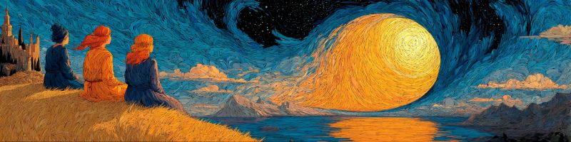 Nuit ciel lune soleil eau nuages montagnes arbres chateau assises herbe vagues reflet imagination fantaisie reve Au premier plan, trois individus sont assis sur une colline herbeuse, contemplant un grand soleil radieux dans le ciel. Le soleil est représenté avec des rayons tourbillonnants et vibrants, projetant une chaleureuse lueur sur la scène. Le ciel est d'un bleu profond, avec des motifs tourbillonnants qui lui confèrent une apparence dynamique, presque magique. En arrière-plan, il y a une silhouette de château, ajoutant à l'atmosphère mystique. Le reflet du soleil scintille sur l'eau en contrebas, créant un paysage serein et enchanteur.