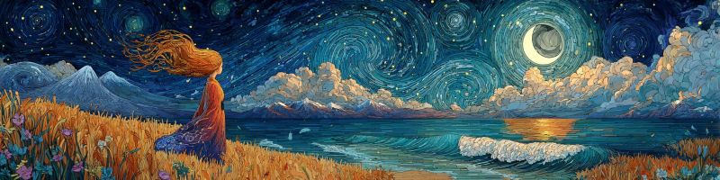 Nuit ciel etoile lune nuages mer vagues herbe fleurs montagnes coucher soleil horizon reflet sombre reveur Dans le tableau, une femme aux cheveux roux ondulés se tient dans un champ d'herbe haute sous un ciel nocturne rempli d'étoiles. Elle regarde vers l'horizon où la lune est partiellement visible, projetant une douce lueur. Le ciel est un mélange de bleus profonds et de blancs, avec des nuages dispersés. En arrière-plan, il y a des montagnes et une mer aux vagues douces. La mer reflète les couleurs du ciel, et l'eau est calme. La scène est paisible et sereine, avec la femme qui semble être dans un moment de contemplation silencieuse.