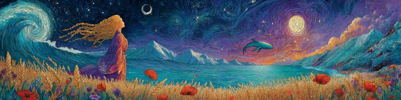 Nuit ciel lune etoiles dauphin ocean montagnes fleurs herbe eau vagues nuages fantaisie reve beaute nature Dans le tableau, une femme aux longs cheveux blonds ondulant se tient dans un champ d'herbe haute sous un ciel nocturne. Elle porte une robe violette et regarde vers l'horizon. Le ciel est d'un violet profond, parsemé d'étoiles et d'une lune brillante. Un dauphin saute gracieusement au-dessus de l'eau, qui est d'un bleu profond et reflète le ciel. En arrière-plan, il y a des montagnes et une petite lune croissante. Le champ est rempli de fleurs rouges, ajoutant une touche de couleur à la scène.