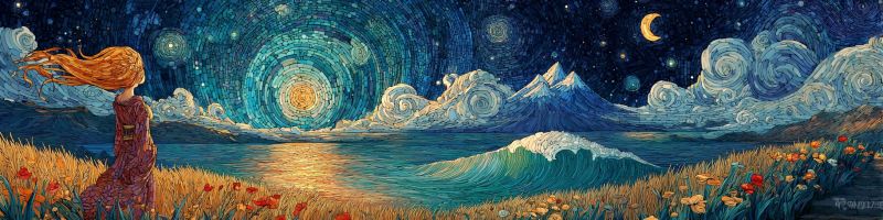 Nuit nuages montagnes ocean vagues fleurs fille robe lune soleil impressionnisme nature etoile ciel cheveux van gogh Au premier plan, une femme aux longs cheveux fluides se tient dans un champ d'herbes hautes et de fleurs sauvages. Elle est vêtue d'une robe fluide et semble contempler le ciel nocturne. Le ciel est d'un bleu profond, rempli de nuages tourbillonnants et d'étoiles, avec une lune croissante suspendue bas. Le ciel nocturne présente une galaxie vibrante et tourbillonnante avec un soleil brillant à son centre. Au loin, un plan d'eau aux vagues douces s'étend, reflétant les couleurs du ciel. Au-delà de l'eau, une chaîne de montagnes s'élève, ses sommets partiellement obscurcis par les nuages. La scène globale est sereine et remplie de beauté naturelle.