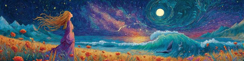 Fantaisie nuit ciel etoiles lune ocean vagues montagnes fleurs fille robe cheveux dauphin coucher soleil nature Au premier plan, une femme aux longs cheveux flottants se tient dans un champ de fleurs rouges vibrantes. Elle porte une robe violette et lève les yeux vers le ciel. Le ciel est un mélange profond et tourbillonnant de bleus, de violets et de roses, avec une pleine lune brillant intensément et entourée d'un halo d'étoiles. La Voie lactée s'étend à travers le ciel, ajoutant au thème céleste. Au milieu du plan, les vagues de l'océan s'écrasent contre le rivage, avec un dauphin sautant gracieusement hors de l'eau. L'horizon est parsemé de montagnes, et la scène globale est baignée d'une lumière magique et onirique.