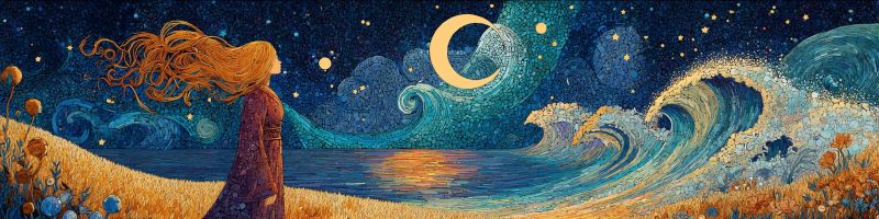 Nuit ciel etoiles lune vagues eau ocean fille fantaisie reve cauchemar nocturne soiree obscurite Dans le tableau, une femme aux longs cheveux flottants se tient sur un champ d'herbe sous un ciel nocturne. Ses cheveux sont emportés par le vent, et elle regarde vers l'horizon. Le ciel est rempli d'étoiles, d'un croissant de lune et de quelques nuages. L'océan au premier plan a de grandes vagues, et l'eau reflète les couleurs du ciel. Les vagues se brisent sur le rivage, et il y a quelques fleurs dans l'herbe. Le tableau a une qualité onirique et surréaliste, avec un mélange de couleurs vives et sourdes.