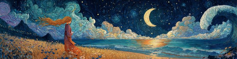 Nuit femme mer ciel nuages lune etoiles vagues ocean plage fleurs herbe fantaisie Dans le tableau, une femme aux longs cheveux fluides se tient sur une plage la nuit. Elle est vêtue d'une longue robe fluide et semble contempler le ciel illuminé par la lune. Le ciel est rempli de nuages tourbillonnants et d'étoiles, et la lune brille intensément. L'océan est calme et reflète la lumière de la lune. La plage est couverte d'herbes hautes et de fleurs, et il y a des vagues au loin. Le tableau a une qualité onirique et éthérée.
