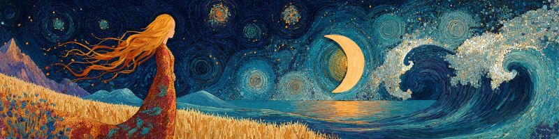 Nuit etoilee ciel lune vague ocean mer eau montagne colline herbe champ fleur flore floral nature Dans le tableau, une femme aux longs cheveux blonds ondulant se tient dans un champ de blé doré sous un ciel nocturne. Sa robe est ornée de motifs colorés, et elle semble regarder vers l'horizon. Le ciel est d'un bleu profond, parsemé d'étoiles et d'une lune croissante qui répand une douce lueur. La mer en arrière-plan est calme, avec des vagues léchant doucement le rivage. Des montagnes sont visibles au loin, et la scène dans son ensemble est sereine et pittoresque.