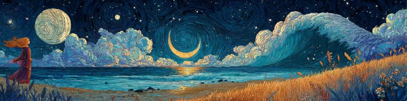 Nuit ciel lune etoiles nuages ocean vagues plage herbe femme mer horizon coucher soleil reflexion van gogh Scène de nuit sereine sur une plage. Une femme aux cheveux flottants se tient sur le côté gauche de la plage, contemplant le ciel. Le ciel est rempli de nuages tourbillonnants et d'étoiles, avec une grande pleine lune lumineuse et une lune croissante visible. L'océan est calme, avec de douces vagues léchant le rivage. La plage est bordée de hautes herbes et de fleurs sauvages, et l'horizon est marqué par un soleil couchant, projetant une lueur chaude sur la scène.