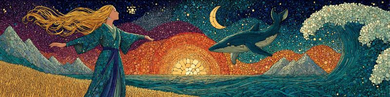 Femme baleine ocean mer nuit ciel lune etoiles vagues montagnes plage fantaisie mosaique coloree onirique Dans l'oeuvre, une femme aux longs cheveux blonds ondulés se tient sur une plage, les bras étendus. Elle porte une longue robe bleue fluide. Derrière elle, le ciel passe d'un bleu profond à un dégradé chaud d'orange et de rose, symbolisant le coucher du soleil. Un croissant de lune flotte dans le ciel, et une baleine bondit gracieusement hors de l'eau, son corps illuminé par le soleil couchant. Les vagues de l'océan s'écrasent sur le rivage, et la plage est parsemée de petits cailloux. Au loin, des montagnes sont visibles, leurs sommets baignés dans la chaleur dorée du coucher du soleil