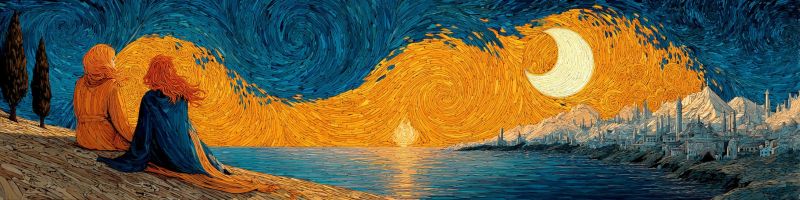 Nuit ciel lune etoiles eau rivage arbres reflet texture coups pinceau impressionnisme post van gogh Au premier plan, deux individus sont assis sur le sol, face à l'eau. Une personne a de longs cheveux flottants et porte un manteau bleu, tandis que l'autre personne a une capuche sur la tête et est vêtue d'un vêtement chaud de couleur claire. Le ciel au-dessus d'eux est un mélange tourbillonnant de bleus profonds et de jaunes chauds, créant un effet dynamique et presque turbulent. Une lune croissante est bien visible dans le ciel, ajoutant à l'atmosphère sereine et mystique. En arrière-plan, il y a un paysage urbain avec de nombreux bâtiments et structures, dont certains sont illuminés par la douce lueur de la lune. La scène globale rappelle une nuit, avec l'eau reflétant les couleurs du ciel et les lumières lointaines de la ville.