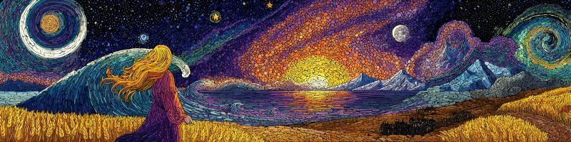 Nuit ciel etoiles lune soleil nuages eau vagues montagnes arbres herbe champ mer ocean horizon coucher mosaique Au premier plan, une femme aux longs cheveux blonds ondulant se tient dans un champ de blé doré. Elle est vêtue d'une longue robe violette fluide. Le ciel est un mélange vibrant de violets, de bleus et d'oranges, avec un soleil couchant répandant une chaleur douce sur le paysage. Le soleil est partiellement obscurci par une grande vague tourbillonnante dans le ciel. Des montagnes sont visibles en arrière-plan, avec une pleine lune brillant au-dessus d'elles. La scène est remplie de détails complexes, y compris des étoiles et une galaxie dans le ciel.