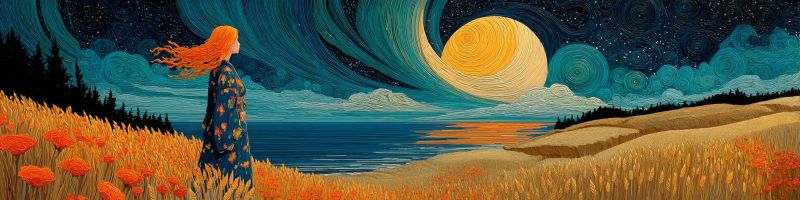 Nuit femme lune champ fleurs ocean ciel nuages arbres collines horizon reveur mystique nature beaute Au premier plan, une femme aux cheveux roux flamboyants se tient dans un champ d'herbe haute et dorée et de fleurs orange vibrantes. Elle porte une longue robe à motifs et regarde vers l'horizon. Le ciel est d'un bleu profond et tourbillonnant avec une grande lune jaune brillante au centre, entourée de motifs tourbillonnants qui ressemblent à des vagues ou des nuages. La lune est partiellement obscurcie par une grande formation nuageuse en spirale. L'arrière-plan présente une mer sereine avec de douces vagues, reflétant la lumière de la lune, et une silhouette lointaine d'arbres et de collines. La scène dans son ensemble est baignée d'une lumière douce et éthérée, créant une atmosphère tranquille et mystique.