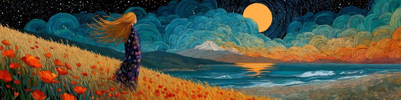 Nuit ciel lune etoiles nuages montagnes eau fleurs champ femme robe fluide soiree coucher soleil reflet vagues cheveux Au premier plan, une femme aux longs cheveux fluides se tient dans un champ de coquelicots rouges vibrants. Elle porte une robe colorée et fluide qui complète les tons chauds de la scène. Le champ s'étend vers l'horizon, où un corps d'eau serein reflète les teintes chaudes et dorées du soleil couchant. Le ciel est un mélange captivant de bleus, d'oranges et de jaunes, avec une grande pleine lune lumineuse et des étoiles éparses. En arrière-plan, une majestueuse chaîne de montagnes est en silhouette contre le ciel coloré, ajoutant à l'atmosphère tranquille et pittoresque de la scène.