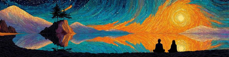 Nuit ciel etoiles montagnes lac reflet arbres couple meditation coucher soleil orange bleu jaune nature zen paisible Au premier plan, deux personnes sont assises en tailleur, face au coucher du soleil. Le coucher du soleil est vibrant, avec des motifs tourbillonnants d'orange, de jaune et de bleu. À gauche, une petite île avec des arbres se reflète dans l'eau calme. En arrière-plan, les montagnes sont en silhouette contre le ciel nocturne, parsemé d'étoiles. Le ciel passe des couleurs du coucher du soleil à un bleu profond, avec une étoile brillante au centre.