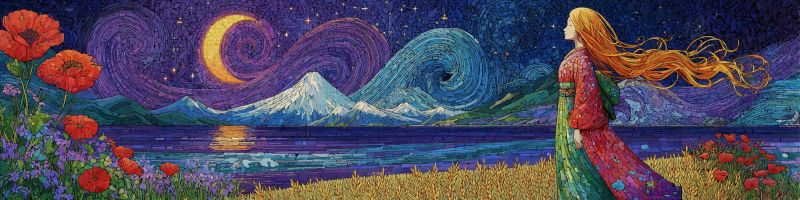 Nuit femme fleurs montagnes eau etoiles lune ciel arbres nuages reflet horizon coucher soleil beaute nature reve Au premier plan, une femme aux longs cheveux dorés et flottants se tient dans un champ d'herbe haute. Elle est vêtue d'une robe colorée et fluide qui brille de diverses nuances de vert, rouge et violet. Ses cheveux sont doucement soulevés par la brise, et elle regarde vers le ciel. Derrière elle, il y a un lac serein reflétant le ciel nocturne, avec un croissant de lune et des étoiles. Les montagnes en arrière-plan sont couvertes de neige, et des fleurs rouges vibrantes sont dispersées dans tout le champ. Toute la scène est peinte dans un style de mosaïque, chaque pièce de l'oeuvre contribuant à l'atmosphère générale vive et onirique